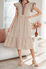 Load image into Gallery viewer, Brown Stripe Double Ruffled Short Sleeve Contrast Trim V Neck Midi Dress
