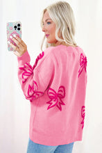 Load image into Gallery viewer, Pink Bow Pattern Drop Shoulder Loose Sweater