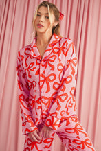 Load image into Gallery viewer, Pink Allover Bow Print Button Up and Loose Pants Pajama Set