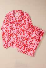 Load image into Gallery viewer, Pink Allover Bow Print Button Up and Loose Pants Pajama Set