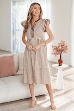 Load image into Gallery viewer, Brown Stripe Double Ruffled Short Sleeve Contrast Trim V Neck Midi Dress