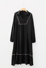 Load image into Gallery viewer, Black Collared V Neck Smocked Detail Contrast Leopard Trim Bracelet Sleeve Long Dress