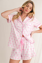 Load image into Gallery viewer, Pink Bowknot Print Shirt and Ruffle Hem Shorts Pajama Set