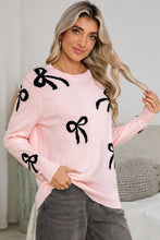 Load image into Gallery viewer, Light Pink Bow Print Long Sleeve Loose Fit Sweater