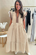 Load image into Gallery viewer, Brown Stripe Double Ruffled Short Sleeve Contrast Trim V Neck Midi Dress