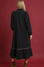 Load image into Gallery viewer, Black Collared V Neck Smocked Detail Contrast Leopard Trim Bracelet Sleeve Long Dress