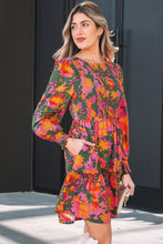 Load image into Gallery viewer, Multicolour Floral Print Long Sleeve Smocked Ruffled Mini Dress