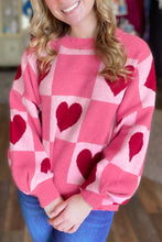 Load image into Gallery viewer, Pink Love Heart Checkered Valentine Knit Sweater
