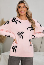 Load image into Gallery viewer, Light Pink Bow Print Long Sleeve Loose Fit Sweater