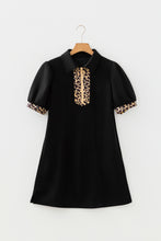 Load image into Gallery viewer, Black Leopard Patchwork Zip Collared Short Puff Sleeve Shift Mini Dress