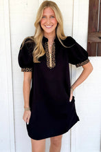 Load image into Gallery viewer, Black Leopard Patchwork Zip Collared Short Puff Sleeve Shift Mini Dress