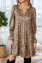 Load image into Gallery viewer, Khaki Leopard Print V Neck Ruffled Sleeve Tiered Loose Mini Dress