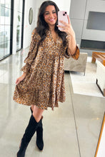Load image into Gallery viewer, Khaki Leopard Print V Neck Ruffled Sleeve Tiered Loose Mini Dress
