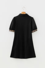 Load image into Gallery viewer, Black Leopard Patchwork Zip Collared Short Puff Sleeve Shift Mini Dress