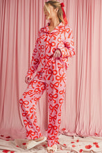 Load image into Gallery viewer, Pink Allover Bow Print Button Up and Loose Pants Pajama Set