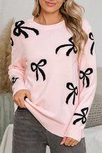Load image into Gallery viewer, Light Pink Bow Print Long Sleeve Loose Fit Sweater