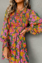 Load image into Gallery viewer, Multicolour Floral Print Long Sleeve Smocked Ruffled Mini Dress
