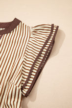 Load image into Gallery viewer, Brown Stripe Double Ruffled Short Sleeve Contrast Trim V Neck Midi Dress
