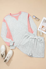 Load image into Gallery viewer, Light Grey Colorblock Raw Hem Pullover and Shorts Set
