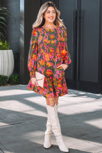 Load image into Gallery viewer, Multicolour Floral Print Long Sleeve Smocked Ruffled Mini Dress
