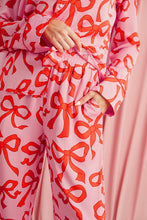 Load image into Gallery viewer, Pink Allover Bow Print Button Up and Loose Pants Pajama Set
