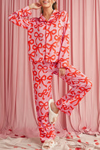 Load image into Gallery viewer, Pink Allover Bow Print Button Up and Loose Pants Pajama Set
