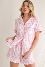 Load image into Gallery viewer, Pink Bowknot Print Shirt and Ruffle Hem Shorts Pajama Set
