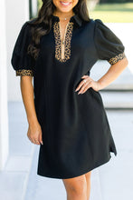 Load image into Gallery viewer, Black Leopard Patchwork Zip Collared Short Puff Sleeve Shift Mini Dress
