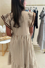Load image into Gallery viewer, Brown Stripe Double Ruffled Short Sleeve Contrast Trim V Neck Midi Dress

