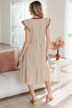 Load image into Gallery viewer, Brown Stripe Double Ruffled Short Sleeve Contrast Trim V Neck Midi Dress
