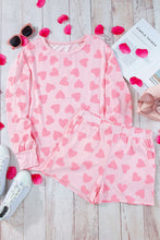 Load image into Gallery viewer, Pink Heart Print Long Sleeve Top and Shorts Loungewear Set
