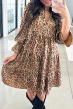 Load image into Gallery viewer, Khaki Leopard Print V Neck Ruffled Sleeve Tiered Loose Mini Dress
