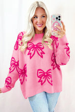 Load image into Gallery viewer, Pink Bow Pattern Drop Shoulder Loose Sweater
