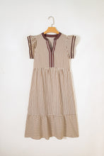 Load image into Gallery viewer, Brown Stripe Double Ruffled Short Sleeve Contrast Trim V Neck Midi Dress

