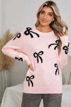 Load image into Gallery viewer, Light Pink Bow Print Long Sleeve Loose Fit Sweater
