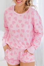 Load image into Gallery viewer, Pink Heart Print Long Sleeve Top and Shorts Loungewear Set
