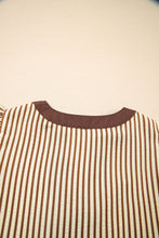 Load image into Gallery viewer, Brown Stripe Double Ruffled Short Sleeve Contrast Trim V Neck Midi Dress
