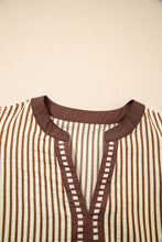 Load image into Gallery viewer, Brown Stripe Double Ruffled Short Sleeve Contrast Trim V Neck Midi Dress
