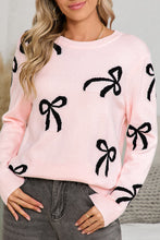 Load image into Gallery viewer, Light Pink Bow Print Long Sleeve Loose Fit Sweater
