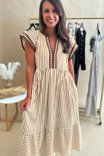 Load image into Gallery viewer, Brown Stripe Double Ruffled Short Sleeve Contrast Trim V Neck Midi Dress
