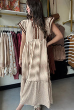 Load image into Gallery viewer, Brown Stripe Double Ruffled Short Sleeve Contrast Trim V Neck Midi Dress
