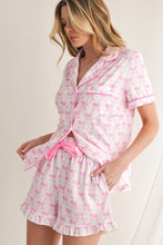 Load image into Gallery viewer, Pink Bowknot Print Shirt and Ruffle Hem Shorts Pajama Set
