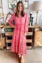 Load image into Gallery viewer, Pink Floral Long Sleeve Tassel Tied V Neck Maxi Dress
