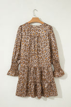 Load image into Gallery viewer, Khaki Leopard Print V Neck Ruffled Sleeve Tiered Loose Mini Dress
