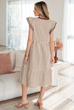 Load image into Gallery viewer, Brown Stripe Double Ruffled Short Sleeve Contrast Trim V Neck Midi Dress
