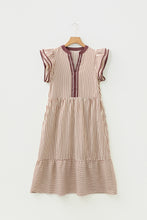 Load image into Gallery viewer, Brown Stripe Double Ruffled Short Sleeve Contrast Trim V Neck Midi Dress

