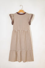Load image into Gallery viewer, Brown Stripe Double Ruffled Short Sleeve Contrast Trim V Neck Midi Dress
