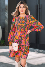 Load image into Gallery viewer, Multicolour Floral Print Long Sleeve Smocked Ruffled Mini Dress
