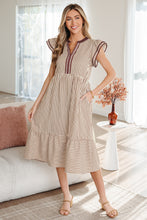 Load image into Gallery viewer, Brown Stripe Double Ruffled Short Sleeve Contrast Trim V Neck Midi Dress
