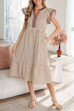 Load image into Gallery viewer, Brown Stripe Double Ruffled Short Sleeve Contrast Trim V Neck Midi Dress
